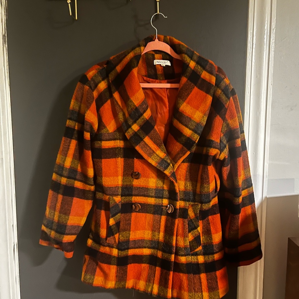 Vintage Orange and Black Plaid Pea Coat